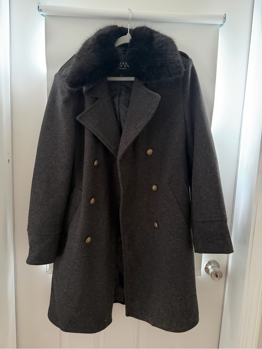 Boohoo Men's Double-Breasted Dark Brown Trench Coat with Fur Collar